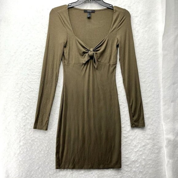 Forever 21 Dress Women's Sz S Olive Green Knit Bodycon Square Neck Tie Front - Picture 1 of 11